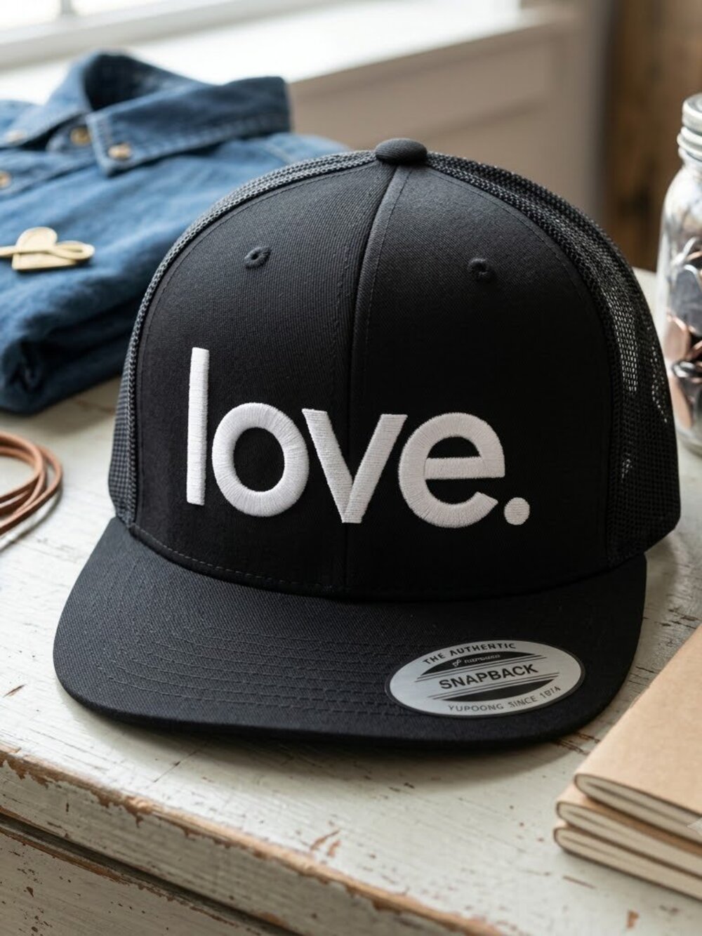 Minimalist Love Embroidered Yupoong Black Flat Bill Snapback Trucker Hat New USA